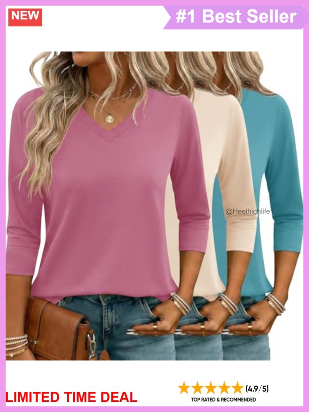 3 Pack 3/4 Sleeve V Neck Tops Womens Curved Hem Casual T Shirts